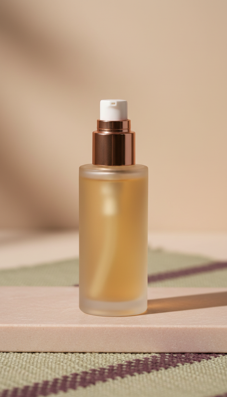 A golden body oil bottle catching the evening sun