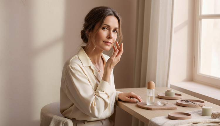 A woman in a cream blouse at a sunlit vanity table