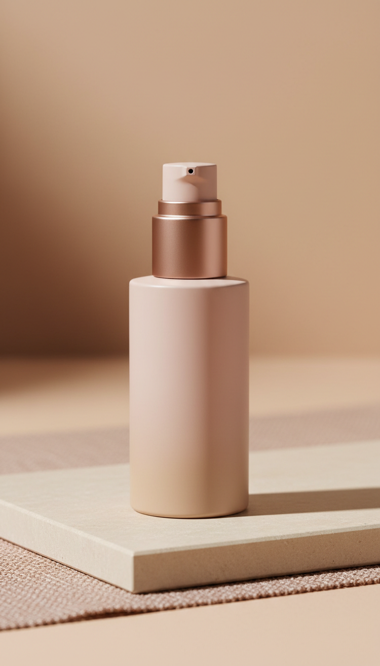 A soft pink pump bottle of moisturizer in morning light