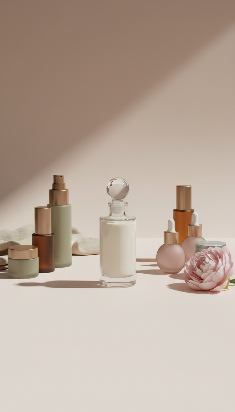Skincare bottles and a pink rose in warm afternoon light